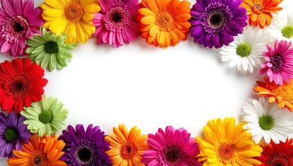 Fototapeta premium Colorful Floral Frame: A vibrant collection of gerbera daisies in a rainbow of hues elegantly frames an open space, inviting your imagination to bloom within this floral embrace. 