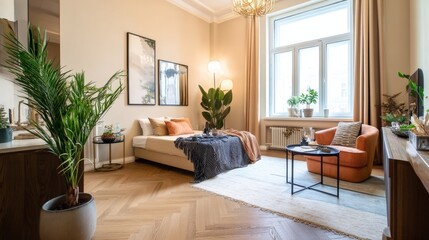 Naklejka premium interior design. interior photography of an apartment for rent. One-room apartment with a simple and cozy design. High quality photo