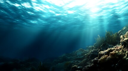 Fototapeta premium Sunbeams Illuminate Ocean Floor with Coral Reef.