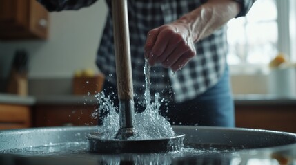 Plumber unclogging drain with plunger. Indoor kitchen setup