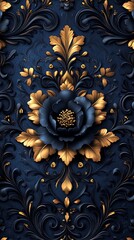 Ornate Floral Phone Wallpaper  Gold & Deep Blue Pattern with Intricate Black Rose | HD Mobile Background

