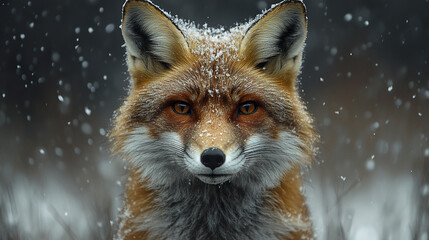 Obraz premium fox stands in falling snow, its fur dusted with flakes