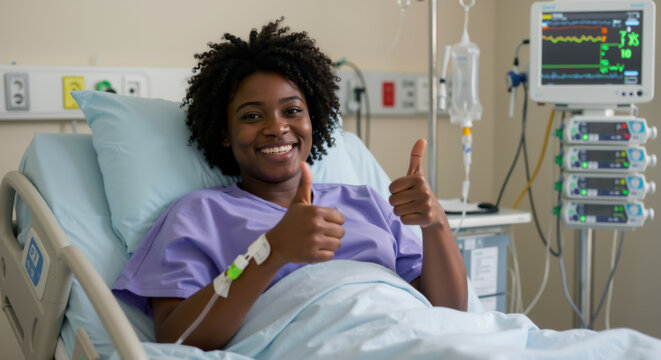 Smiling African American woman during recovery in hospital room. Satisfied black female patient in purple gown giving two thumbs up in hospital bed. Successful professional medical treatment.