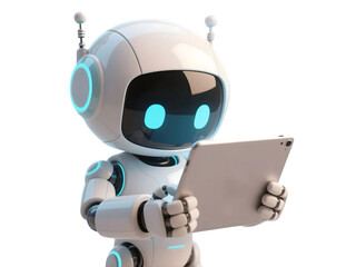 Happy robot. 3d ai character, chat bot mascot isolated on transparent background, GPT chatbot icon. Artificial intelligence, trendy technology, support service, funny automation computer