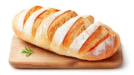 Freshly Baked Artisan Bread Loaf on Wooden Cutting Board with Rosemary Garnish