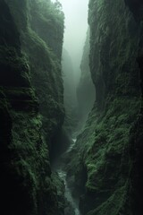 Misty Green Canyon with Waterway Flowing Through Lush Cliffs