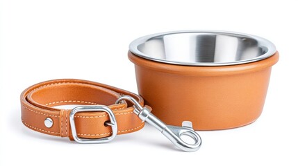 Stylish Leather Dog Bowl with Stainless Steel Insert and Matching Leash for Pet Accessories