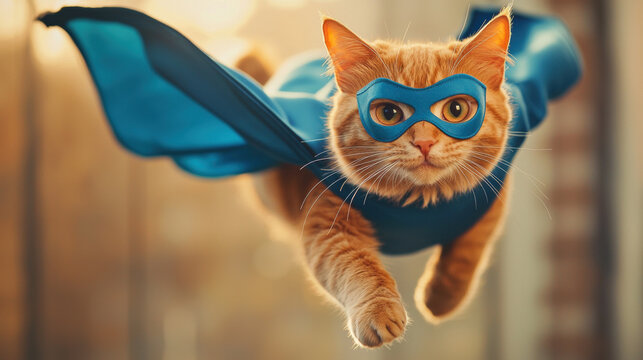 A ginger cat dressed as a superhero flies through the air wearing a blue mask and matching cape, captured mid-pose with a determined expression against a softly blurred background