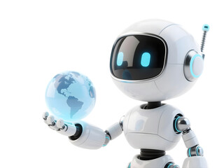 Happy robot. 3d ai character, chat bot mascot isolated on transparent background, GPT chatbot icon. Artificial intelligence, trendy technology, support service, funny automation computer