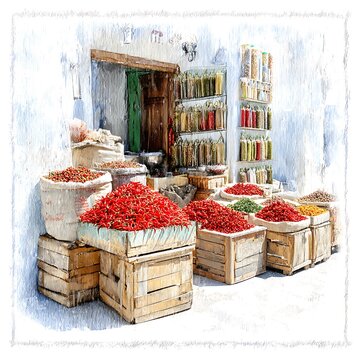 Vibrant Chili Peppers and Spices at a Lively Market Stall. A colorful illustration depicting a bustling marketplace scene.