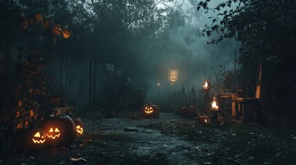 Enigmatic Halloween Night: A Spooky Path Illuminated by Jack-o'-lanterns and Candles