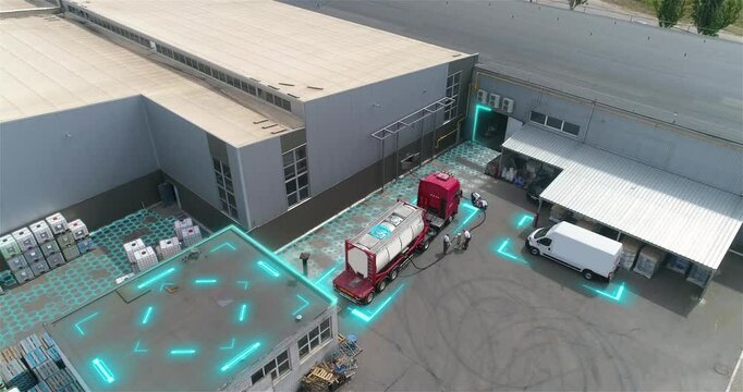 Smart industry or smart logistics concept. Top view of a chemical plant or warehouse controlled by artificial intelligence. Chemical plant top view. Concept of a modern chemical factory.