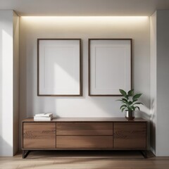 Gapandi style living space with blank canvas and oak storage cabinet