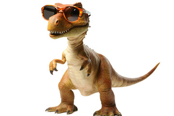 A stylized tan dinosaur poses wearing sunglasses, standing against a stark transparent background