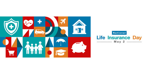 May 2th is National Life Insurance Day. Geometric style, people, piggy, heartbeat, car, shield and more. Great for posters, banners, social media and more. White background.