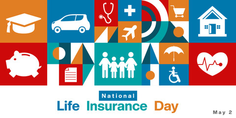 Obraz premium May 2th is National Life Insurance Day. Geometric style, people, piggy, heartbeat, car, home and more. Great for posters, banners, social media and more. White background.
