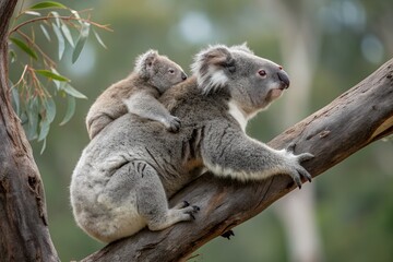 Fototapeta premium Adult Koala Carrying Juvenile on Tree Branch