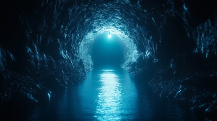 Fototapeta premium Blue Luminous Tunnel with Water Reflection