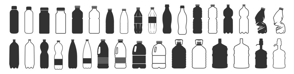 Plastic bottle black icon set isolated on transporent. Water bottle flat line style set. Pet bottle plastic. Small and large bottles for water, milk and other drinks