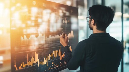 Analyst examining financial data on transparent screen showing stock market trends - Powered by Adobe