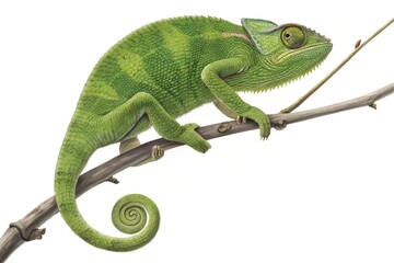 Obraz premium Green Chameleon on Branch with Curled Tail on White Background