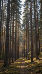 Obraz premium Serene sunlit path winds gently through tall dark pine forest. AI Generated