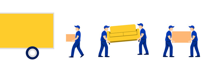 Workers carry boxes and couch to truck. Moving, delivery service business, mover services, moving to a new place. Bright flat cartoon illustration.
