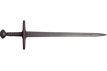 Long metal sword with hilt and pommel, facing horizontally on a transparent background