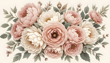 Arrangement of Pink and White Flowers with Green Leaves