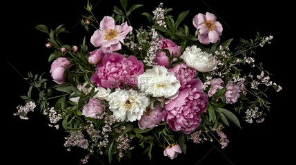Vintage floral bouquet of pink peonies and white roses, an elegant botanical arrangement symbolizing timeless beauty.
