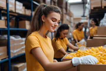 Female volunteers wearing gloves and bright yellow t shirts actively sorting and organizing food donations inside a busy warehouse
