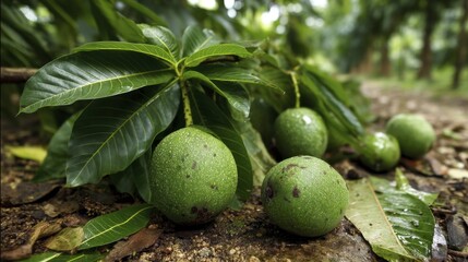 Several speckled mangoes falling from a tree, some already on the ground - mangoes summer organic vibrant