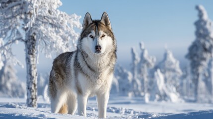 Naklejka premium Thoroughbred husky standing majestically -1 - proud wolf-like posing trees pedigree