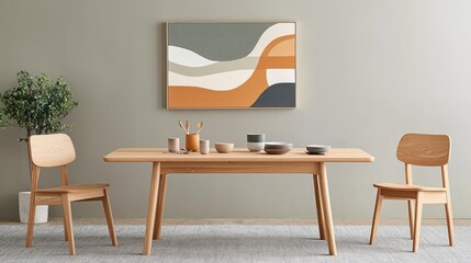 Modern wooden dining set with abstract art