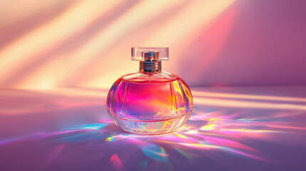 Colorful glass perfume bottle with bright liquid inside, glowing reflections, elegant design, high contrast lighting
