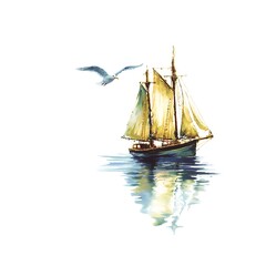 Obraz premium A Sailing Ship at Sea with a Seagull in Watercolor Style. A picturesque painting of a sailboat on calm waters, with a seagull in flight.