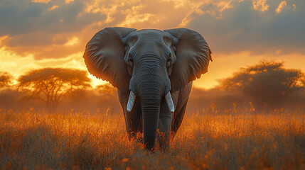 Obraz premium Majestic elephant in sunset savanna, warm glow