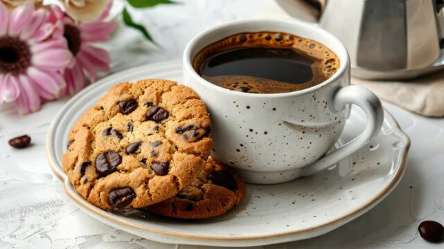 Savor the rich flavors of coffee paired with freshly baked cookies on a cheerful afternoon