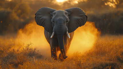 Obraz premium Majestic elephant charging through golden dust at sunset in wild