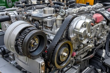 bus engine detail close up modern truck components gears belts automotive tech  
