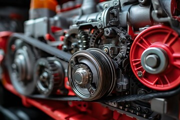 Obraz premium Modern bus engine close up diesel truck components belts pulleys industrial tech 