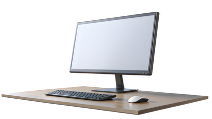 Fototapeta premium Minimalist Floating Desk Setup with Monitor, Keyboard, Mouse on Transparent Background PNG for Digital Workspace Design