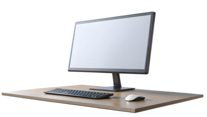 Minimalist Floating Desk Setup with Monitor, Keyboard, Mouse on Transparent Background PNG for Digital Workspace Design