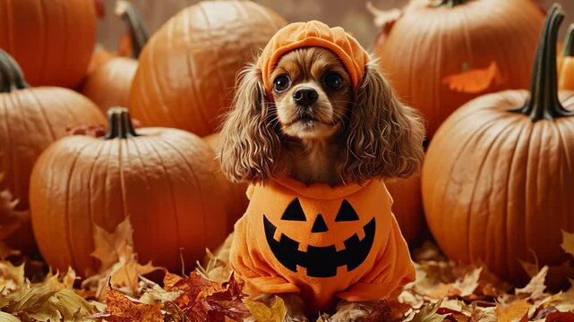 A small funny King Charles Spaniel dog in an orange pumpkin costume sits among large pumpkins on Halloween