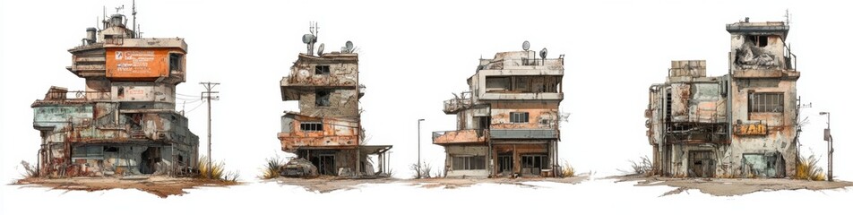 Fototapeta premium Abandoned, dilapidated structures, various architectural styles