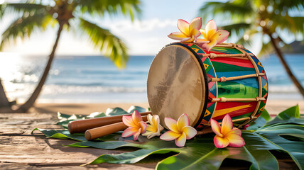 Colorful Beach Drum with Flowers and Palm Trees in Tropical Setting