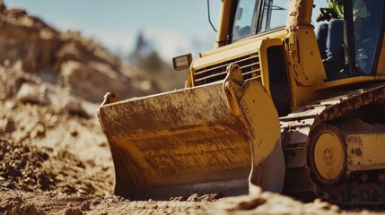 A construction worker operating a bulldozer at a site. Featuring strength and precision