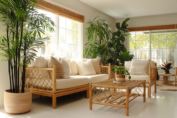 Eco-friendly living room with bamboo furniture neutral tones sunlit minimalist modern decor  
