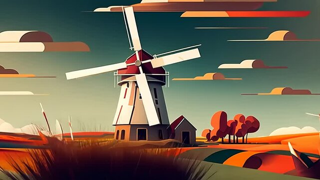 Colorful windmill in a vibrant landscape with rolling hills and stylized clouds at sunset