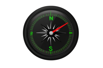 A black compass with green numbers and a red needle pointing to the right, vector illustration on a transparent background